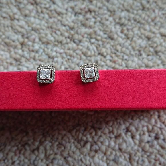 Man Made Diamond Simulant Stud Earring, Princess Cut - Picture 1 of 4